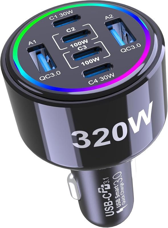 320W USB C Car Charger with 6 Ports - Fast Charging for Multiple Devices in Your Vehicle