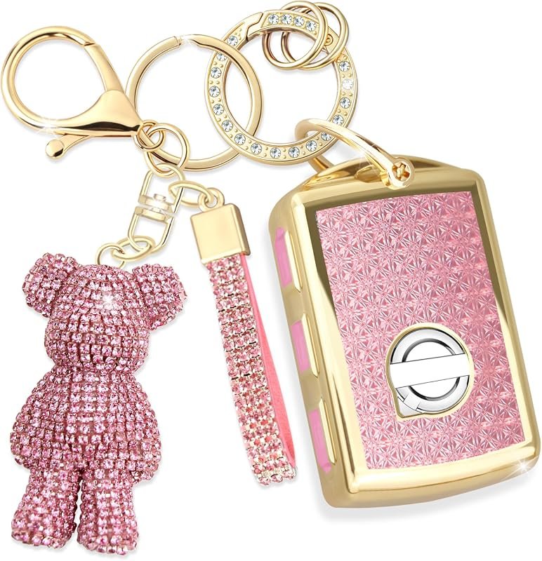 Bling TPU Smart Key Fob Cover with Rhinestone Bear Charm for Women, Compatible with Volvo Models