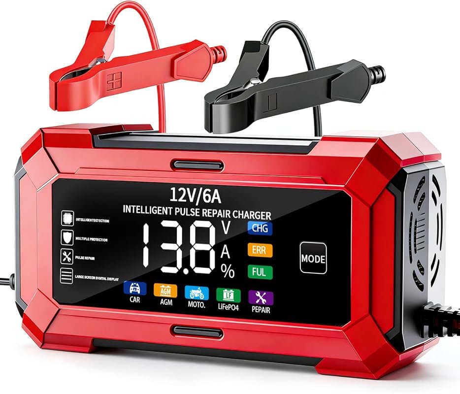 12V Smart Car Battery Charger with LCD, Automatic Trickle Charging, and Pulse Repair Technology