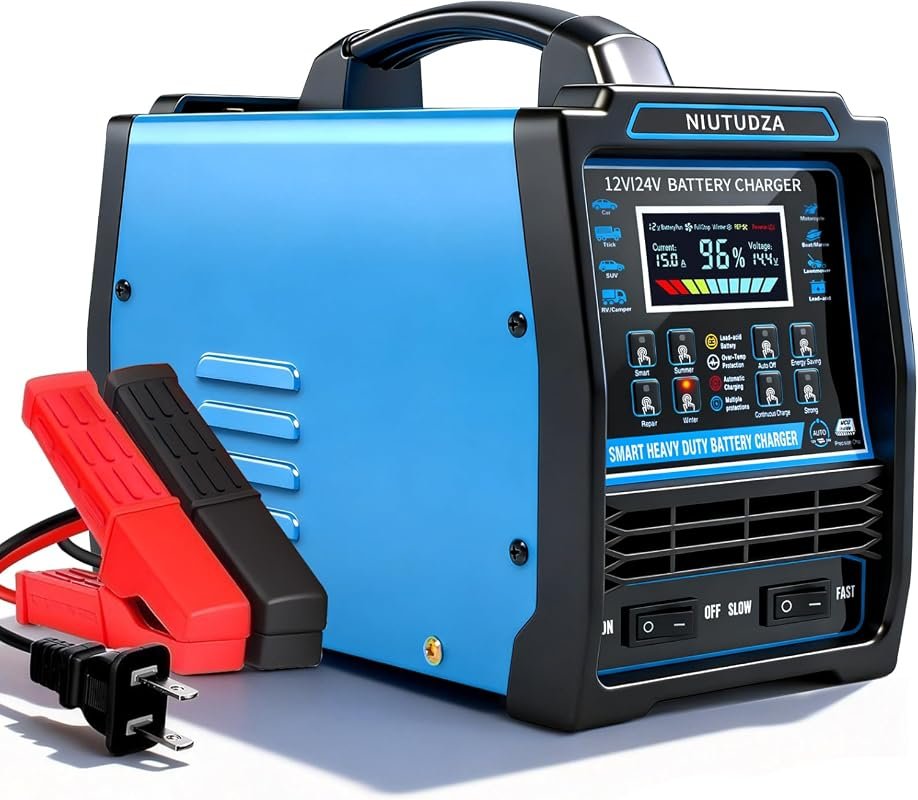 12V 24V Heavy Duty Car Battery Charger, 0-15A Automatic Battery Maintainer for Various Vehicles