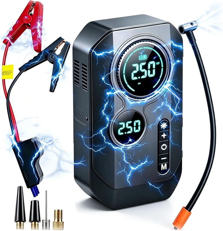 Portable Car Battery Jump Starter with Built-in Air Compressor for Emergencies