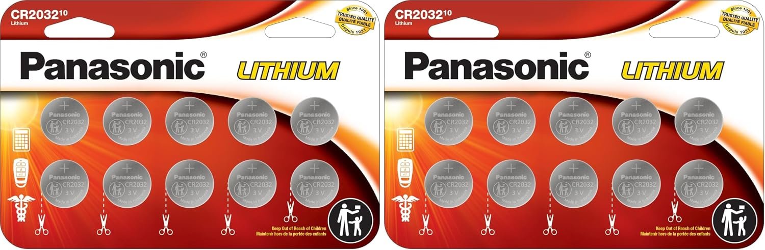 Panasonic CR2032 3V Long Lasting Lithium Coin Cell Batteries, 20-Pack with Child Resistant Packaging