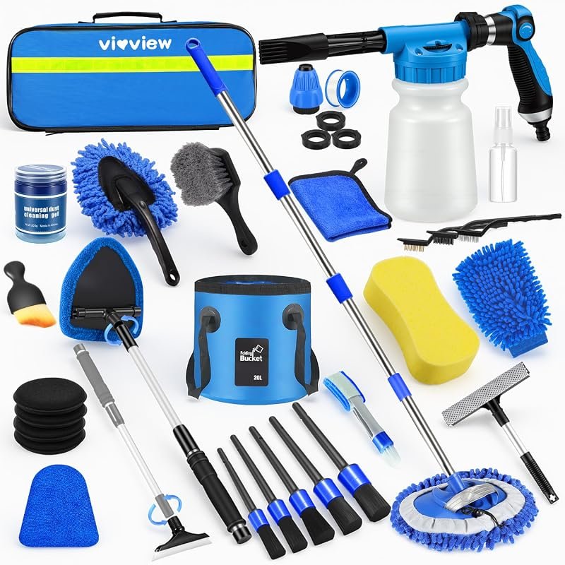 36-Piece Blue Car Wash Detailing Kit with Foam Gun, Brush Mop, and Collapsible Bucket for Complete Cleaning