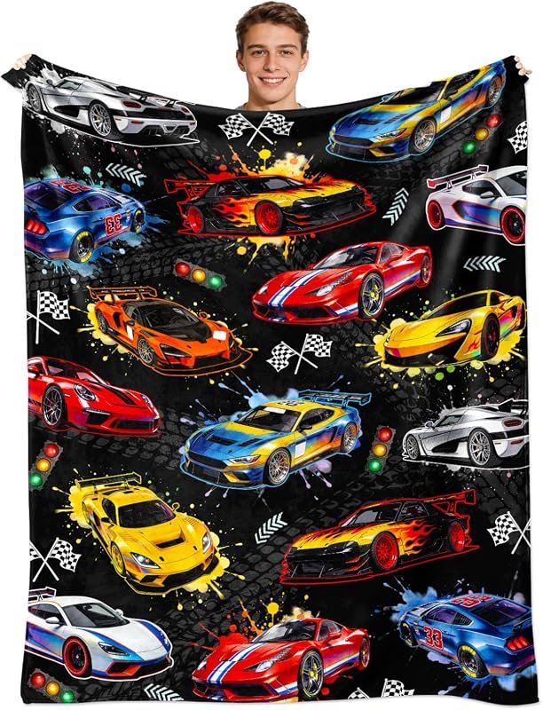 Cozy Racing Car Themed Throw Blanket for Kids - Plush Flannel Gift for Boys and Girls Bedroom Decor