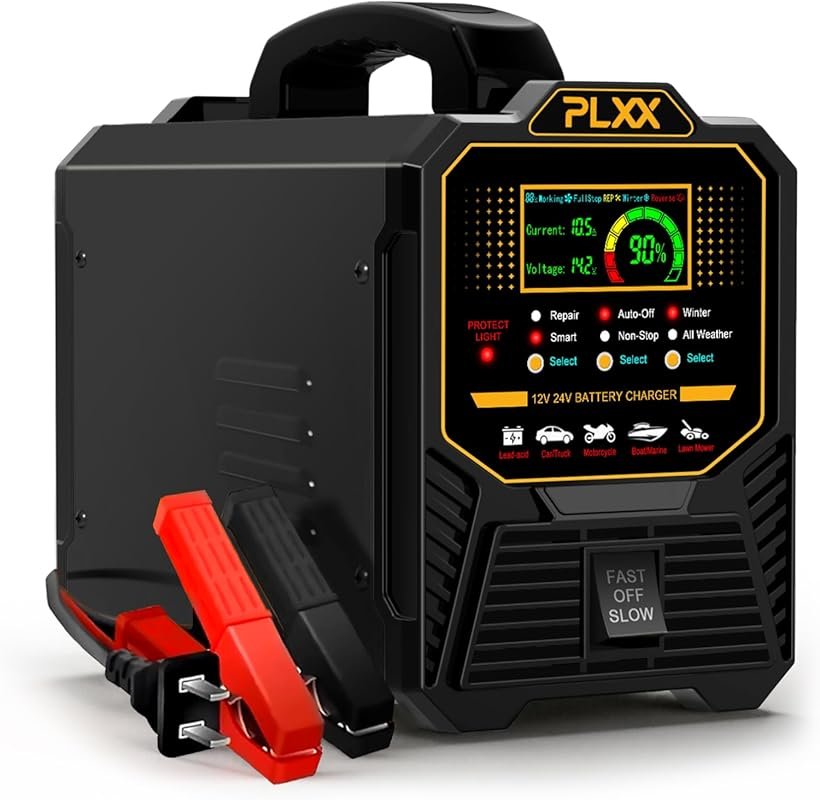 PLXX 12V 24V 0-15A Automatic Car Battery Charger, Heavy Duty with Auto Shut-Off