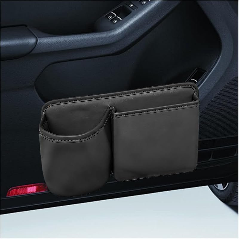 Car Side Door Organizer - Leather Storage Pouch with Cup Holder & Universal Pocket for Phone & Coins