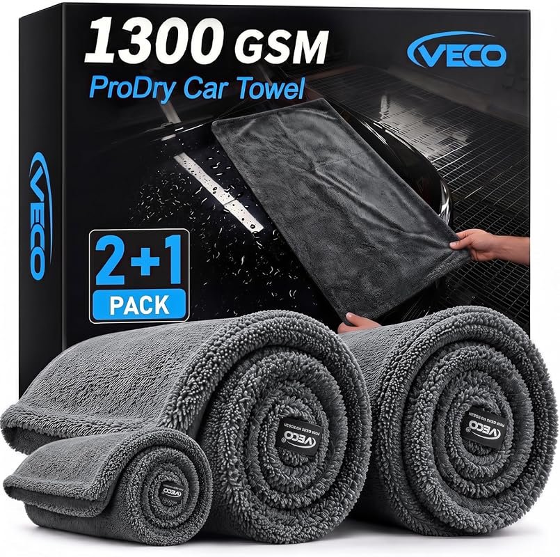 Veco 3-Piece Car Drying Towels - 1300GSM Microfiber, Soft Gray, Ideal for Detailing