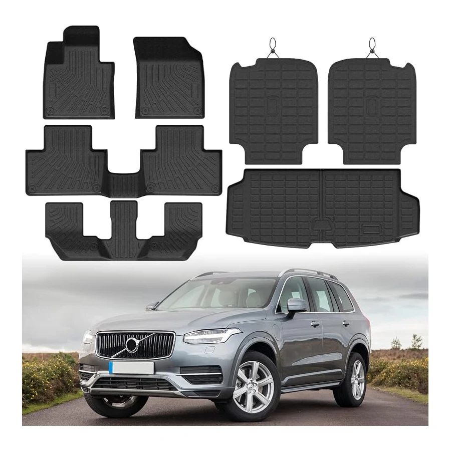 Mixsuper all-weather TPE floor mats and cargo liner for Volvo XC90 7-seat PHEV/Hybrid 2016-2026, full set, black, anti-slip