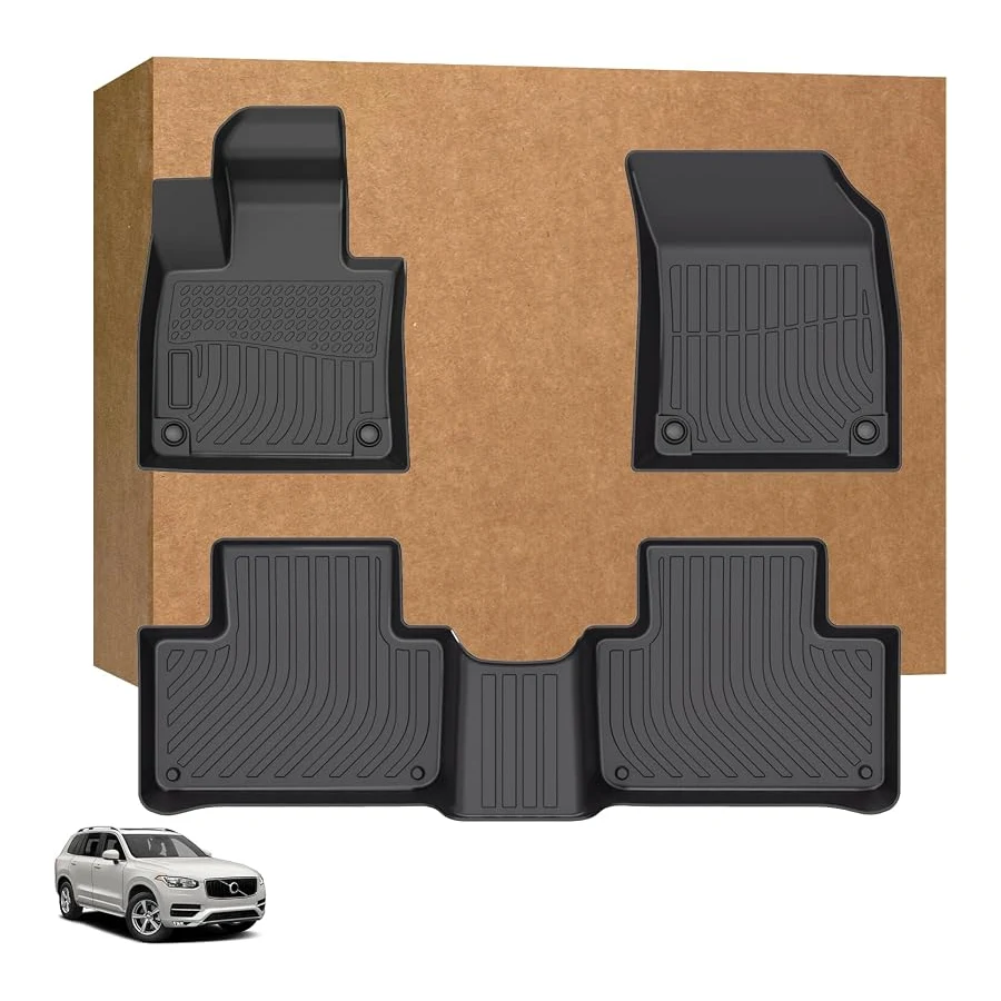 All-weather TPE front and 2nd-row floor mats for Volvo XC90 gas 7-seat 2016-2025, not for Hybrid/Recharge