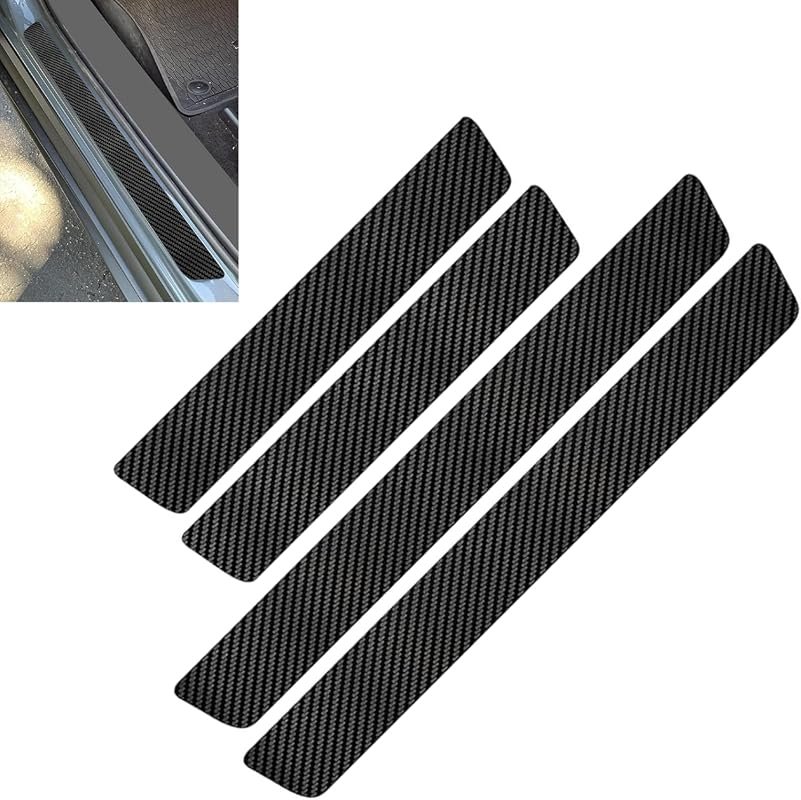 4-Pack carbon fiber door sill protectors, self-adhesive anti-scratch strips, waterproof universal car threshold guards with scraper, black