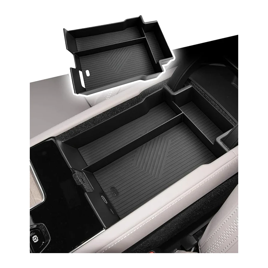 2026+ Volvo XC90 center console organizer tray, drop-in armrest storage fits Core/Plus/Ultra, 5/6/7-seat layouts.