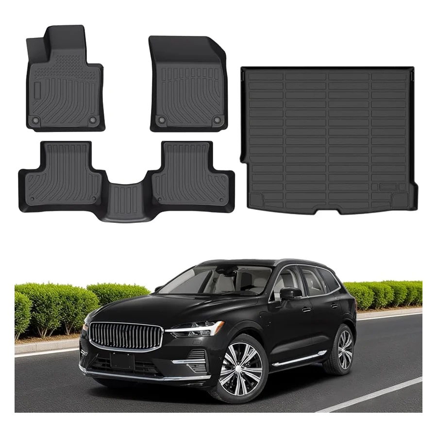 Floor mats and cargo liner for 2018-2026 Volvo XC60, TPE all-weather, custom-fit, fits T5/T6, excludes hybrids.