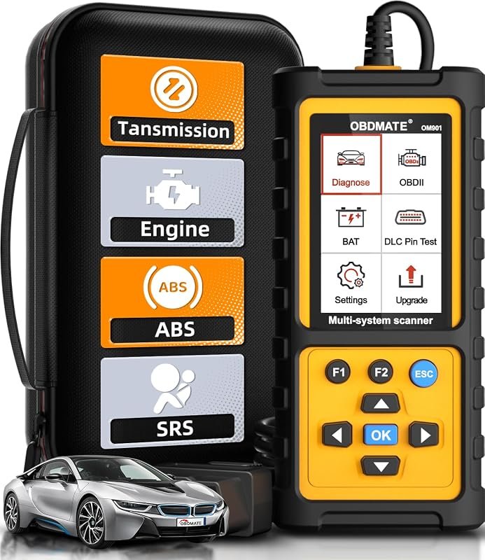 OBD2 scanner with ABS, SRS, transmission diagnostics; reset fault lights, DLC pin test, battery voltage check.