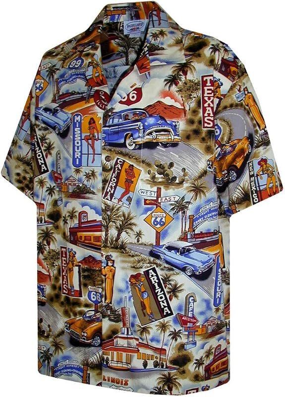 Pacific Legend Route 66 Scenic Men's Hawaiian Shirt - Matching Pocket & Coconut Shell Buttons