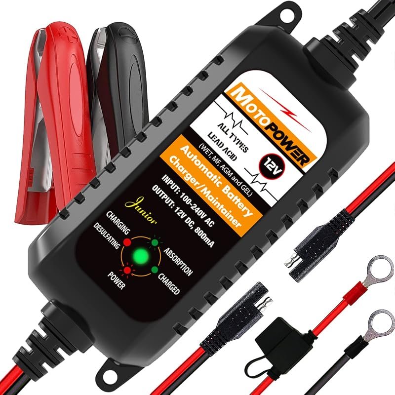 MOTOPOWER MP00205A Automatic Battery Charger, 12V 800mA Maintainer and Desulfator