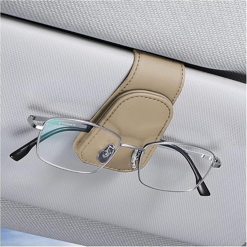 AICEL Magnetic Leather Sunglasses Holders for Car Sun Visor, Stylish Beige Clip