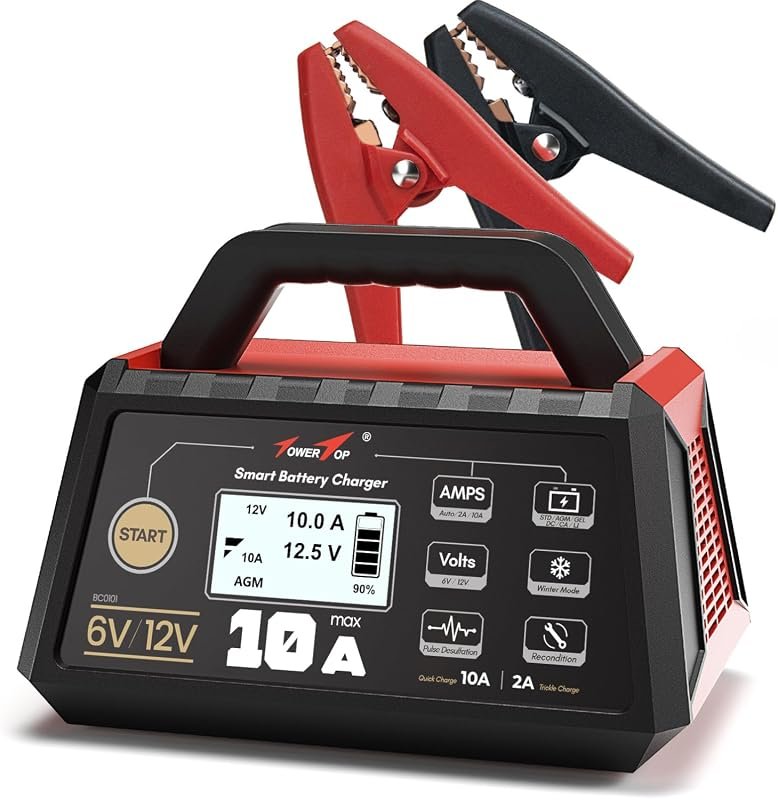 TowerTop Smart Car Battery Charger: 10A 6V/12V Auto Repair, Maintainer, Winter Mode for AGM, Lithium Batteries