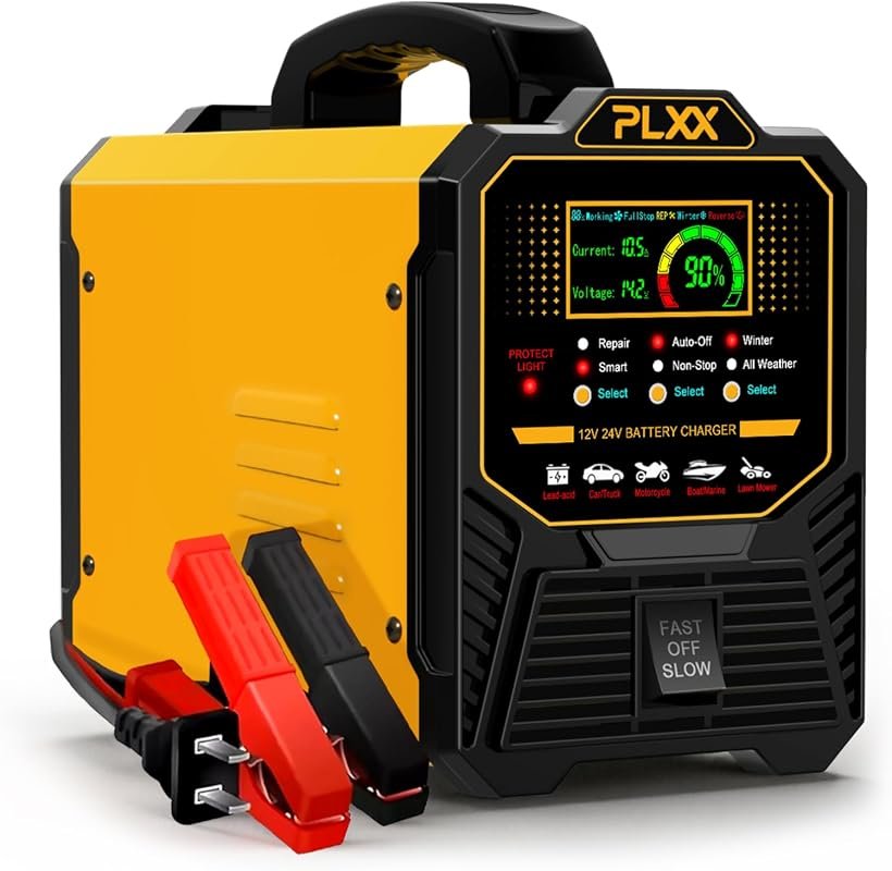 PLXX 12V 24V Heavy Duty Car Battery Charger: 0-15A Smart Trickle with Auto Shutoffs, Repair Mode