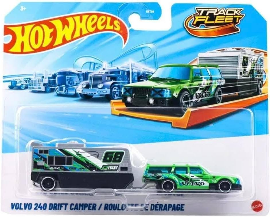 Hot Wheels Track Fleet Green Volvo 240 Drift with Camper, 1:64 Scale for Collectors