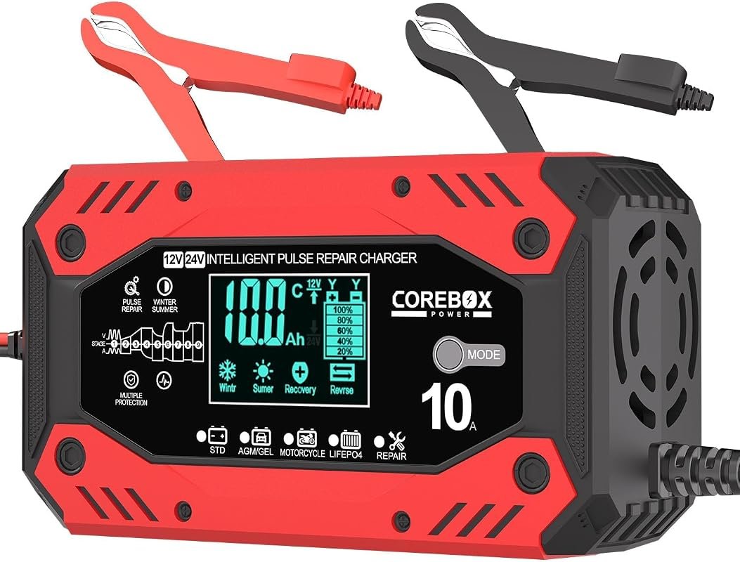 10-Amp Smart Trickle Charger for 12V/24V Car Batteries with Automatic Features