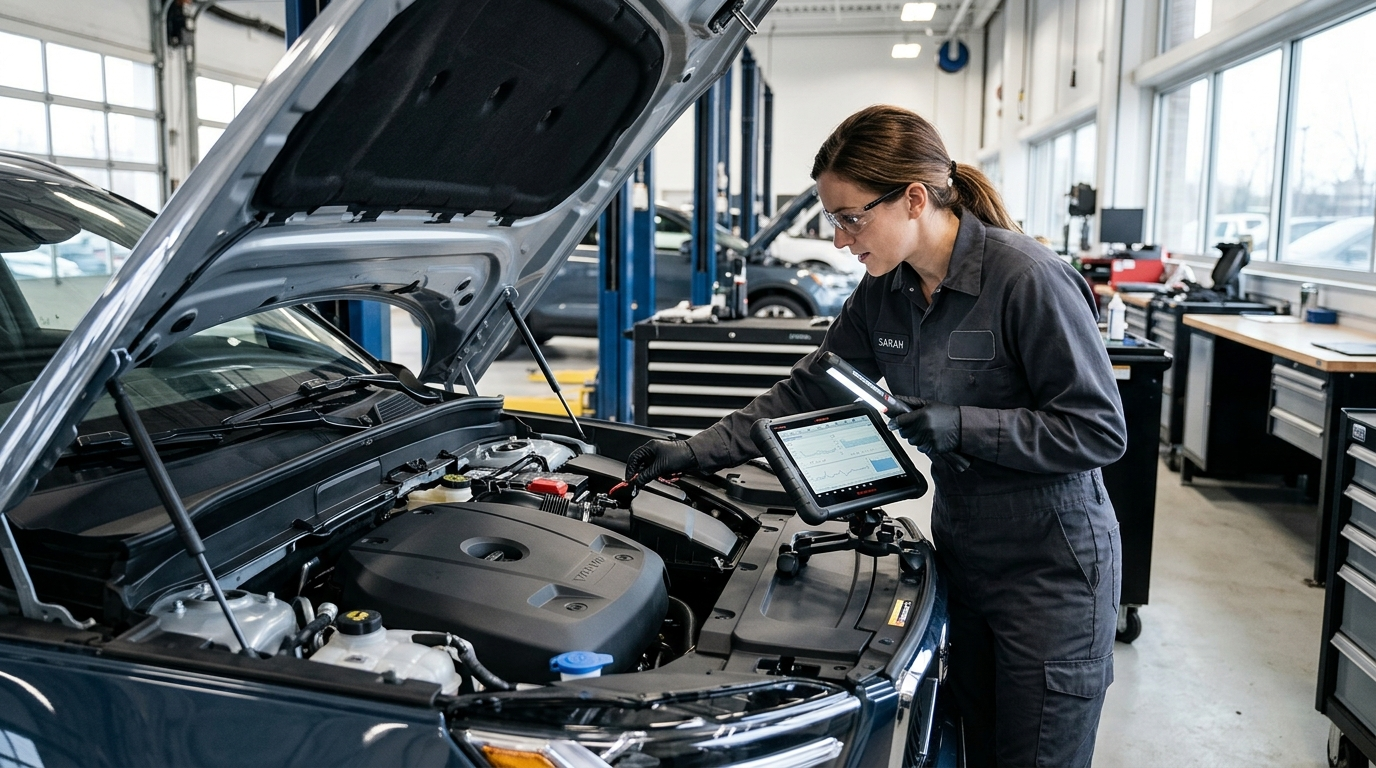 Volvo XC40 engine diagnosis with dashboard warnings and workshop scanner