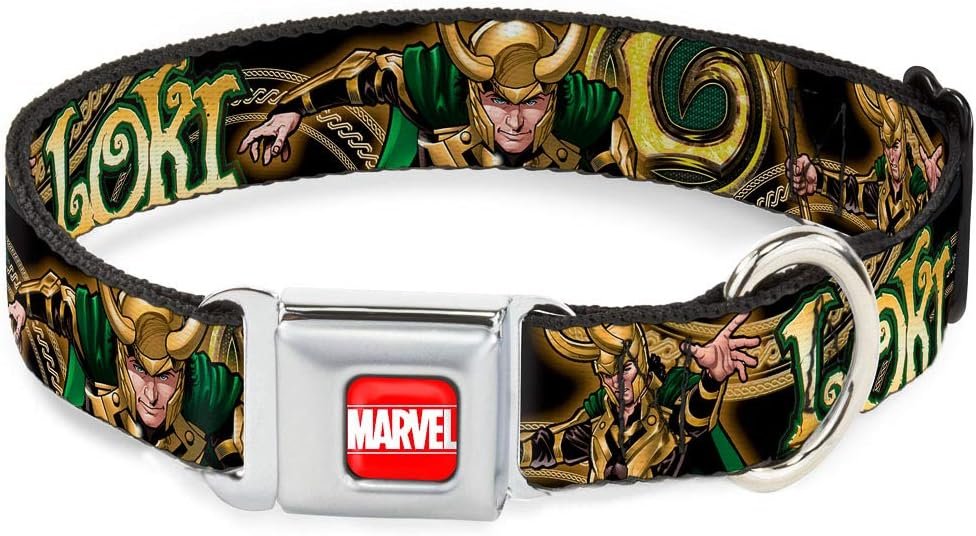 Adjustable Dog Collar with Seatbelt Buckle, Loki Poses Design, Fits Neck Sizes 11 to 17 Inches