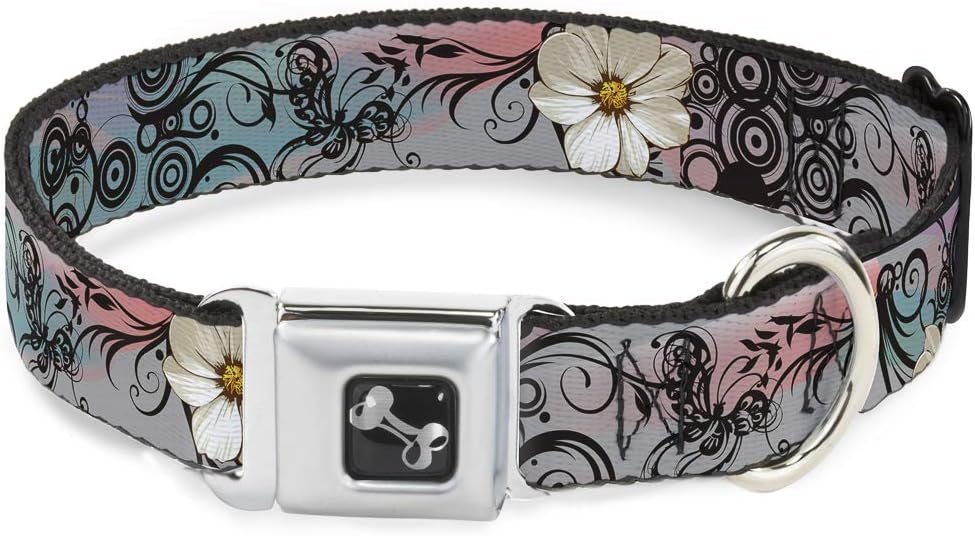 Floral Filigree Dog Collar with Seatbelt Buckle, Adjustable Fits Neck Sizes 15 to 26 Inches