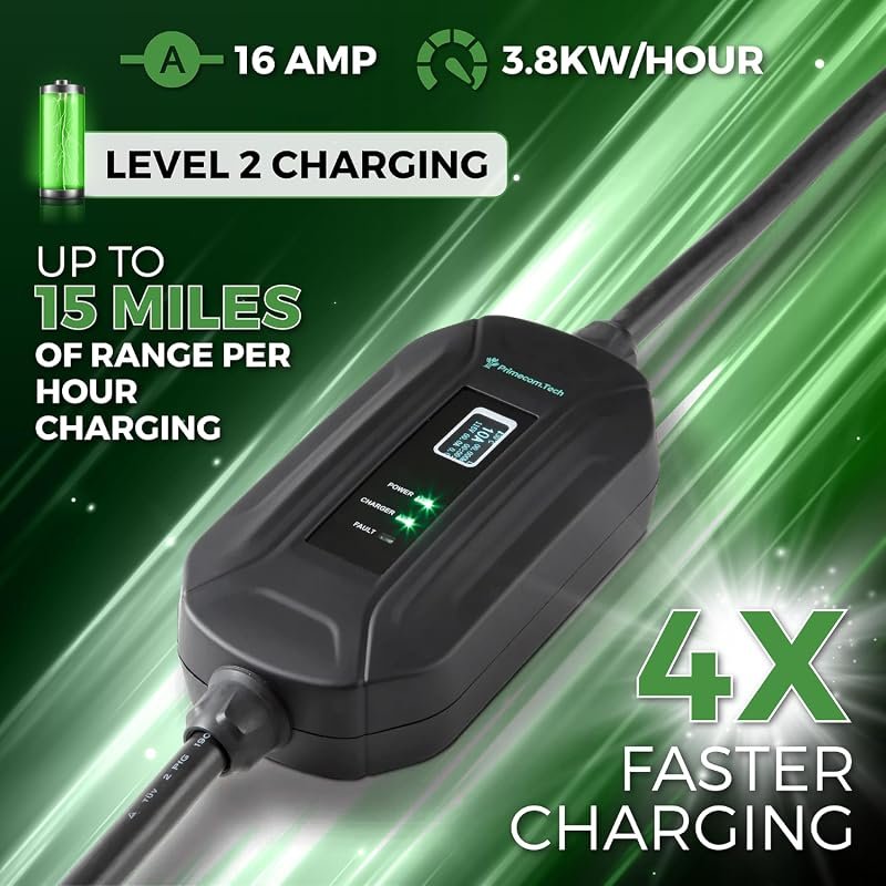 PRIMECOM Level 2 Portable EV Charger – 16Amp, 30 to 50 Feet Cable Options, Compact Design