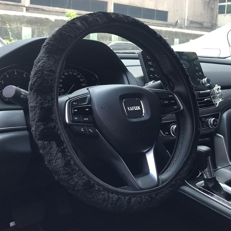 Warm Plush Steering Wheel Cover - Elastic Winter 15 Inch, Soft Black Design for Comfort
