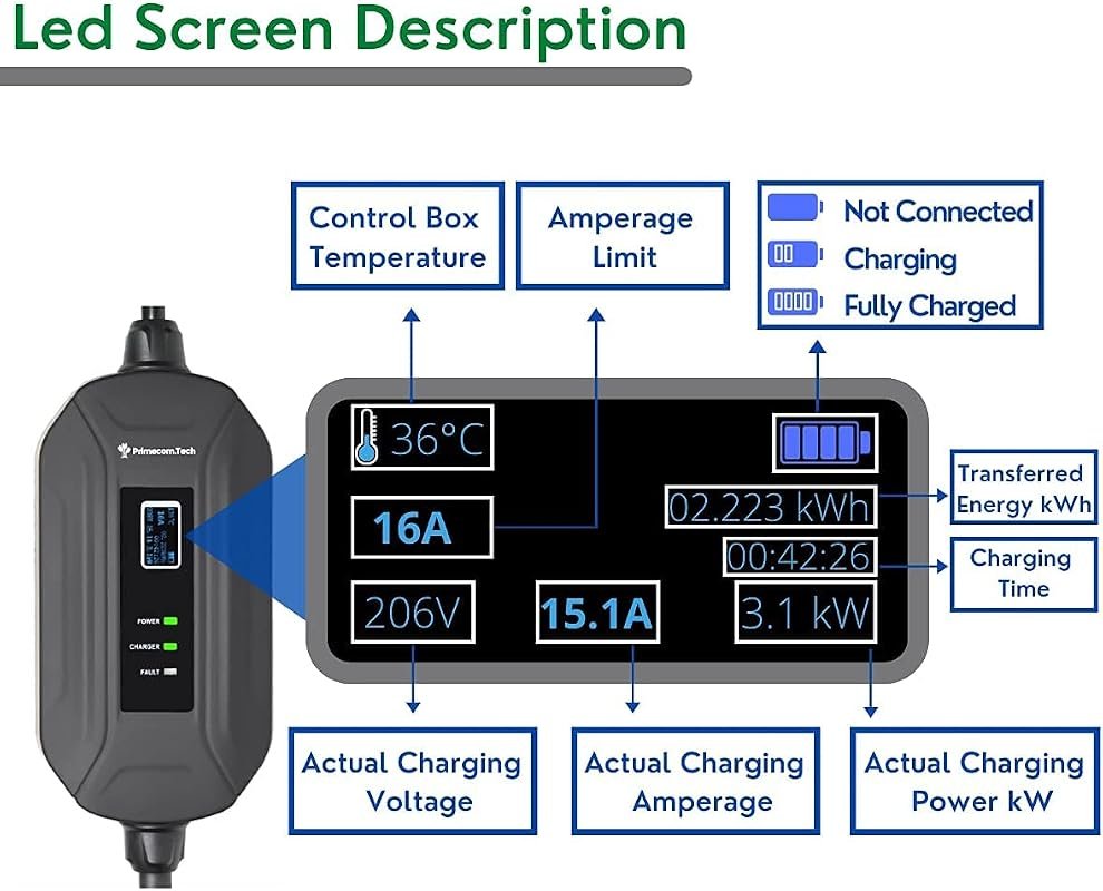 PRIMECOM Level 2 EV Charger 16Amp, Portable Smart Charger (30 Feet)