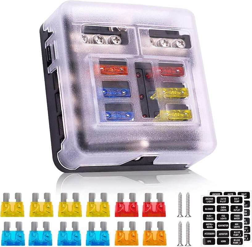 12V 6 Way Fuse Box with LED Indicator, Waterproof Design for Marine and Automotive Applications