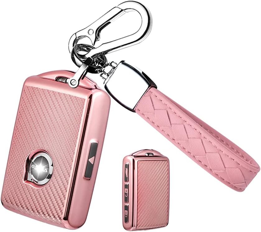 TPU Carbon Fiber Texture Key Fob Cover with Keychain for Volvo Models - Stylish Smart Remote Holder in Pink