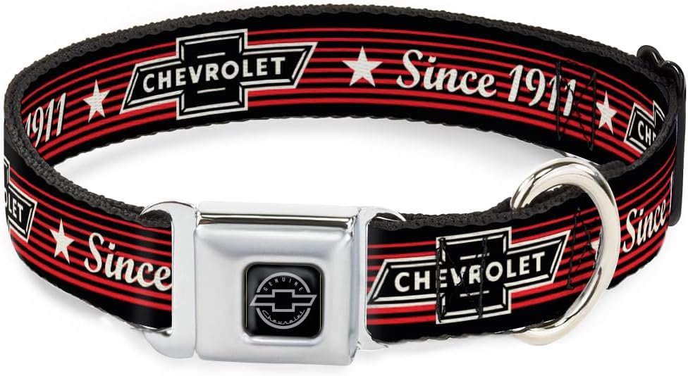 Easy Adjustable Metal Seatbelt Buckle Dog Collar, Chevrolet Bowtie Design, Fits 15 to 24 Inches