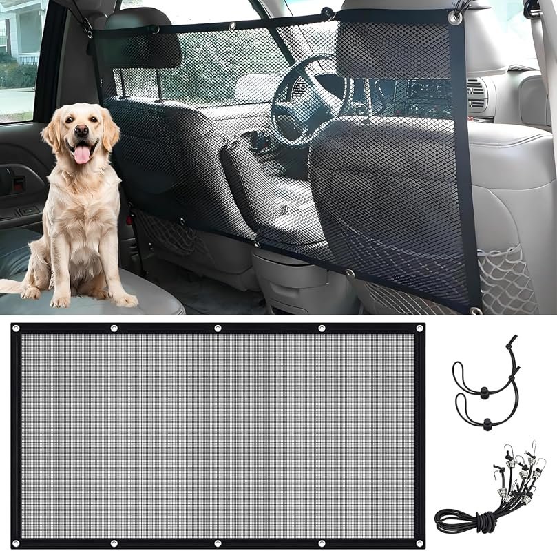 Universal Car Dog Barrier Net with Adjustable Ropes, One-Piece Design Fits Most Vehicles