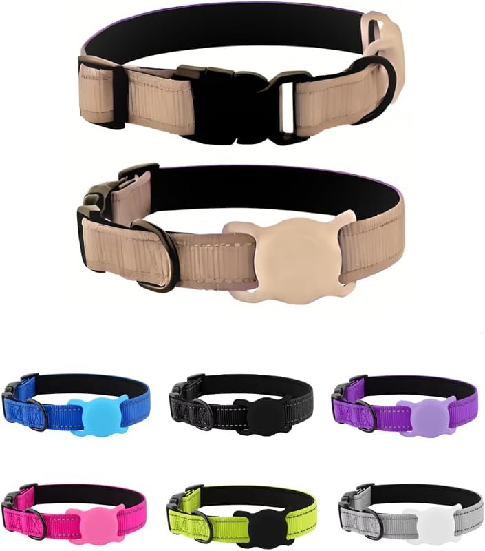 Reflective Nylon Dog Collar with Neoprene Padding and Airtag Mount, Quick Release for Heavy Use, Tan, Medium