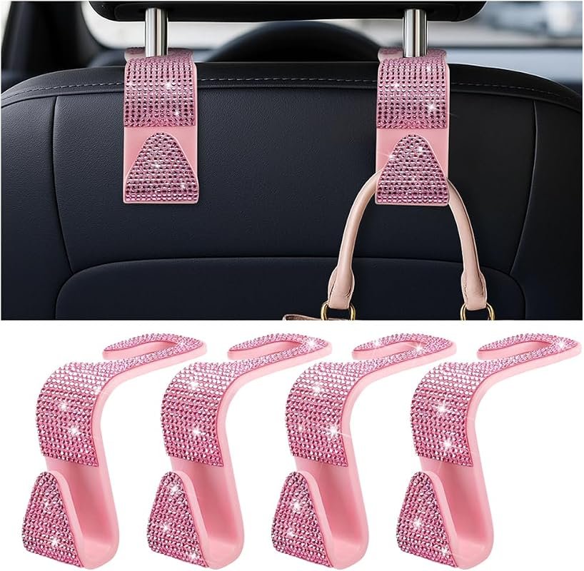 Zpana 4PCS Bling Car Seat Headrest Hooks - Crystal Rhinestone Design in Pink for Stylish Organization