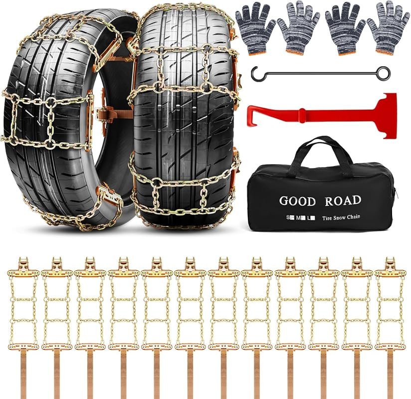 12 Pack Adjustable Snow Tire Chains - Fits Tire Widths 235-315mm for Optimal Grip in Snow