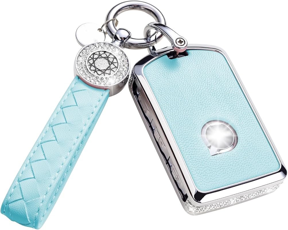 Blue Leather Rhinestone Key Fob Cover with Keychain for Volvo XC/S Models, Stylish Protection