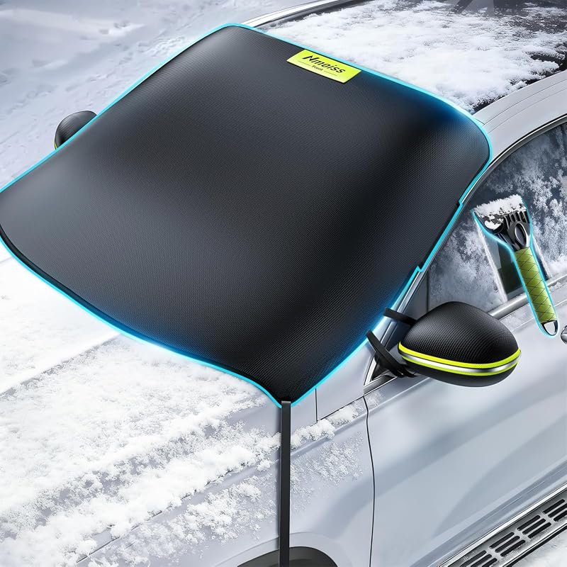 3-in-1 Windshield Snow Cover with Ice Scraper - 600D Heavy Duty Protection for Cars with 360° Windproof Design