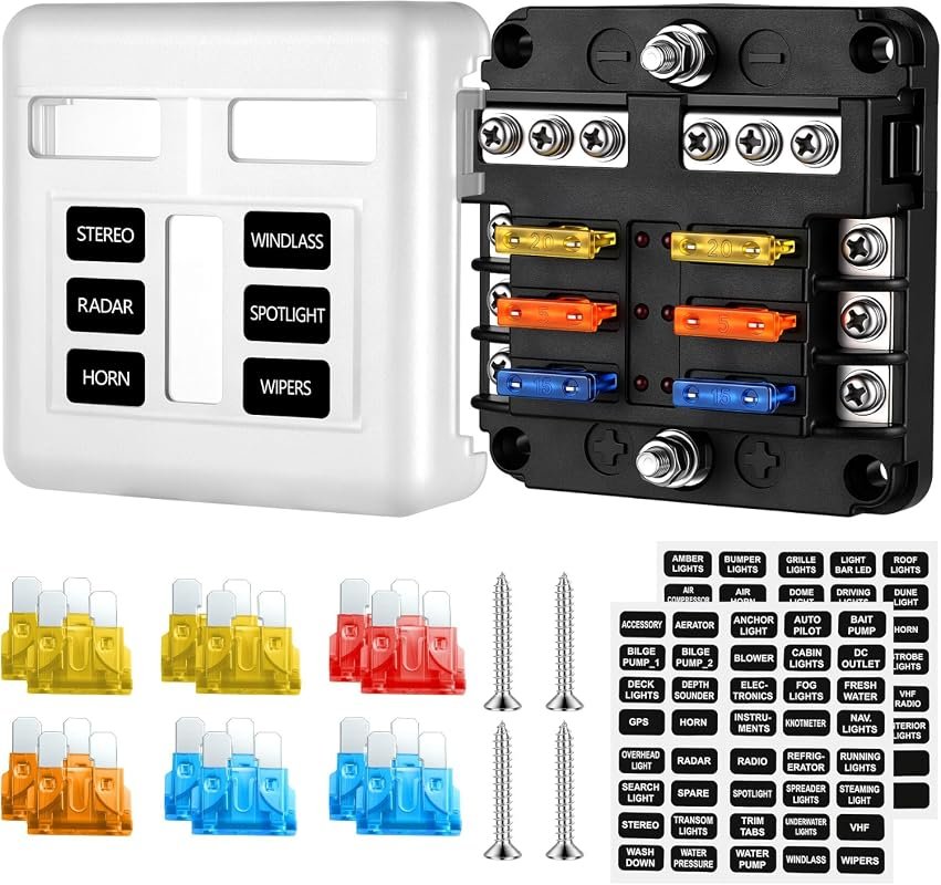 GaRhomxy 6 Way Marine Fuse Block with LED Warning Indicator and Waterproof Design for 12-24V Vehicles