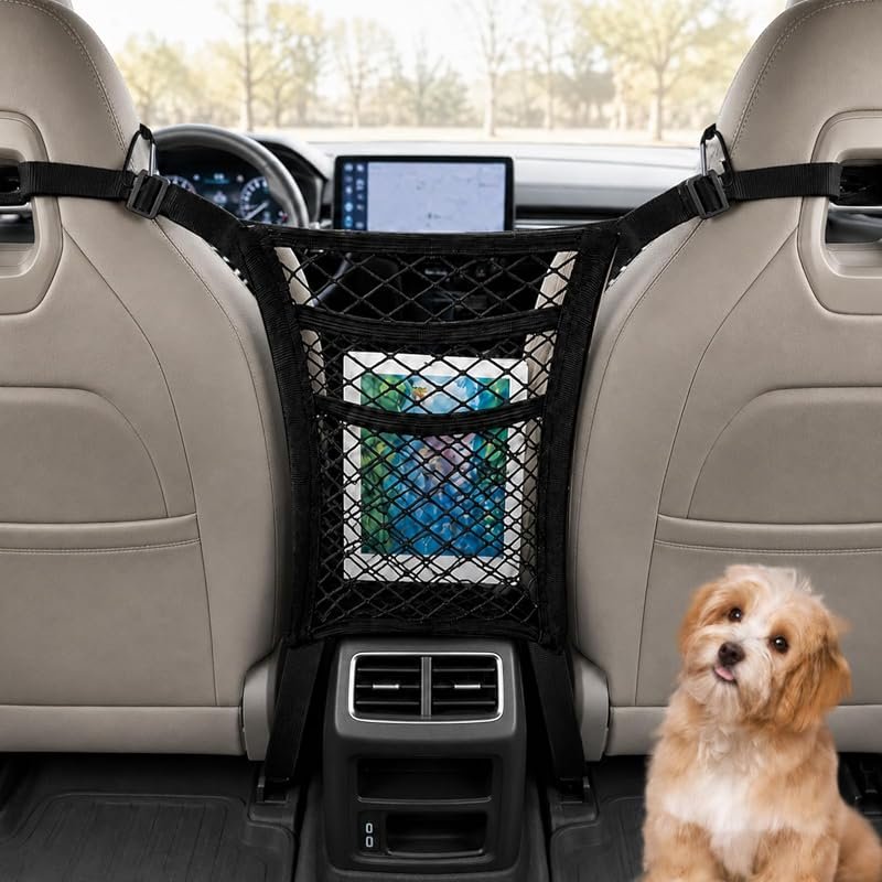 3-Layer Elastic Car Mesh Organizer for Kids and Pets, Front Seat Barrier