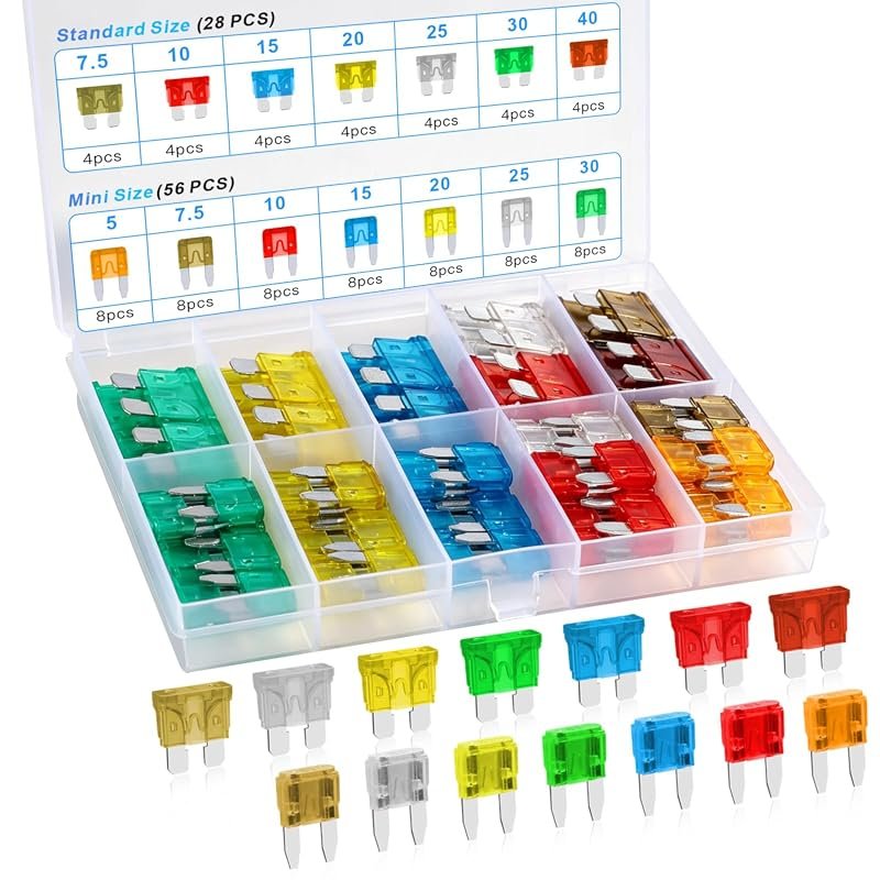84PCS Car Fuses Assortment Kit with Standard & Mini Fuses Ranging from 5A to 40A