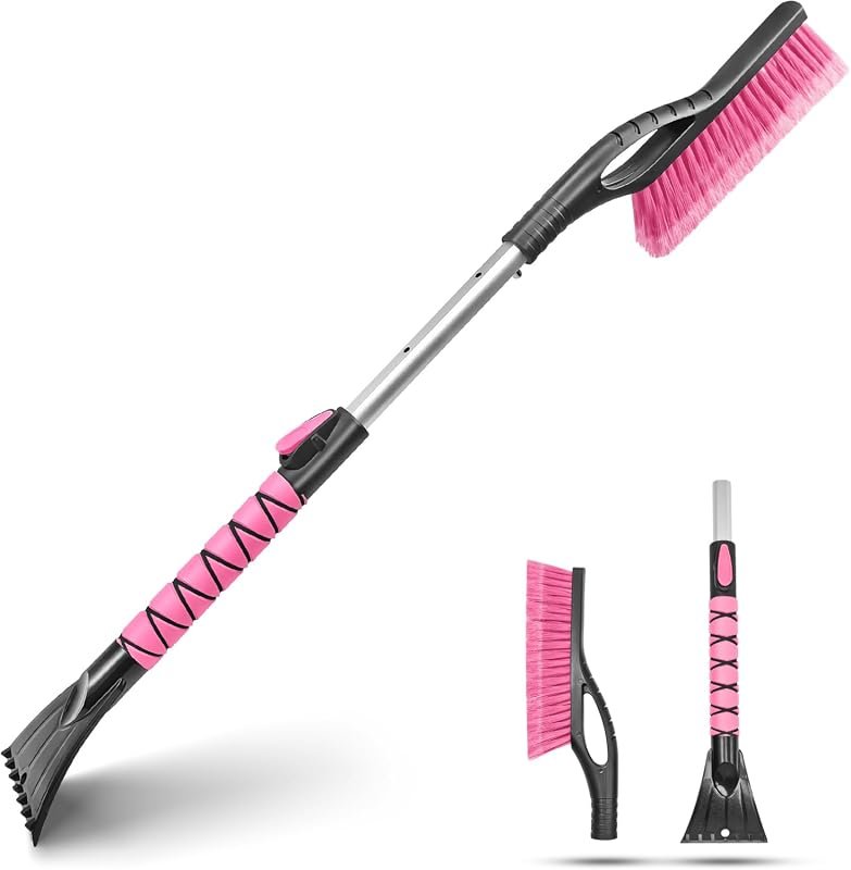 33" Extendable Ice Scraper with Snow Brush - Efficient Tool for Car Windshields, Stylish Pink Color