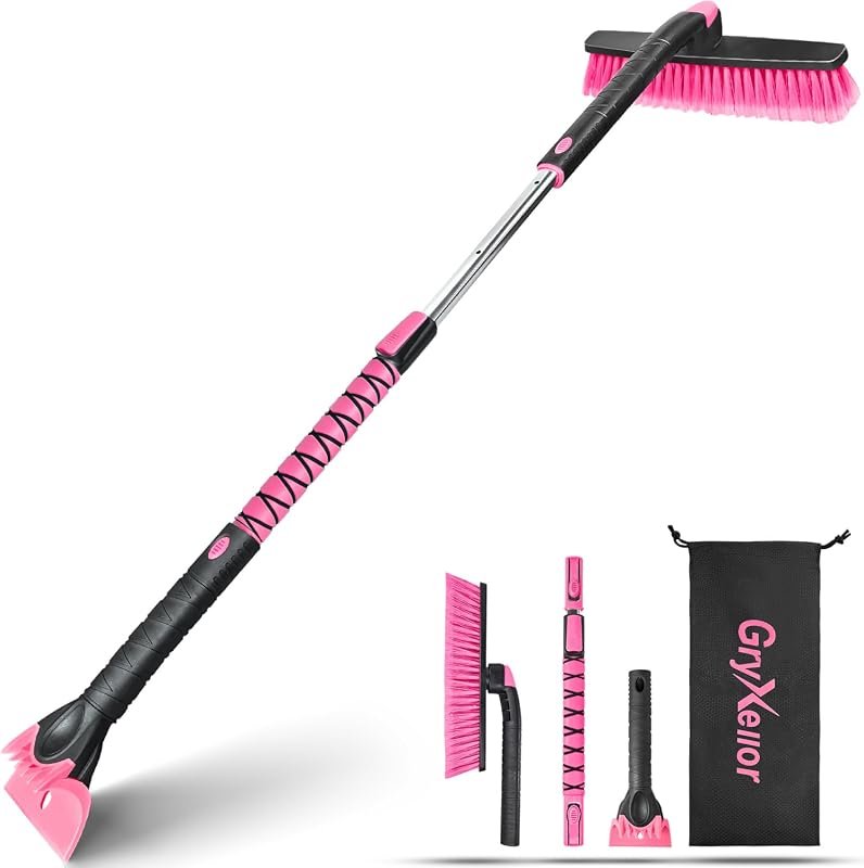 48 Inch Extendable Snow Brush and Ice Scraper - Ideal for SUVs and Windshields, Vibrant Pink Color